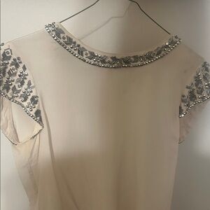 Rebecca Taylor Cream Short Sleeve Tee with Silver Beaded Trim